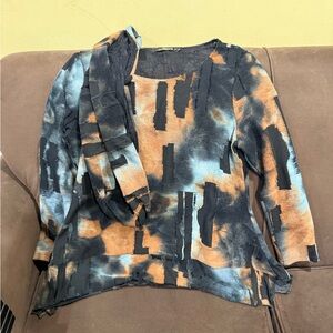 Radzoli Black Earth Tones Distressed Look Top Abstract with Matching Loop Scarf